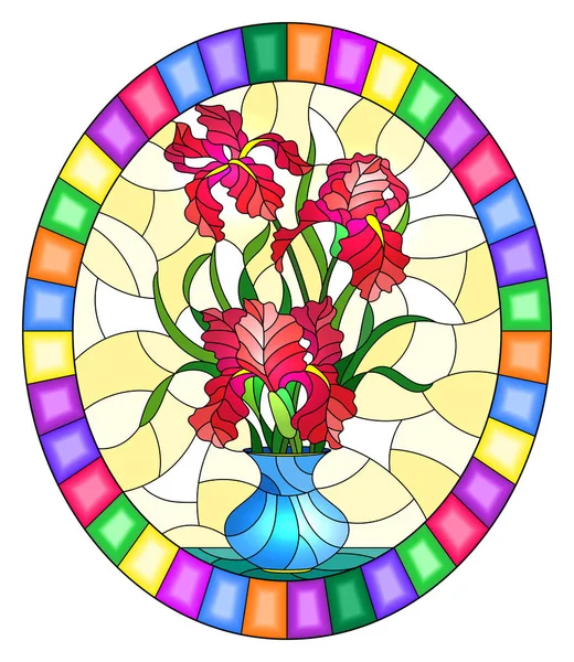 Ilustración en estilo vitral con bodegón floral, ramo de iris rosados en un jarrón azul sobre fondo amarillo, imagen redonda en marco brillante — Vector de stock