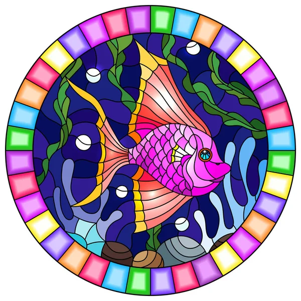 Иллюстрация в витражном стиле с парой ярко-розовых рыб на фоне воды и водорослей, овальное изображение в яркой рамке — стоковый вектор