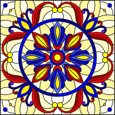 Vitray stil, çiçek süs eşyaları ve swirls ile kare ayna görüntüsü, sarı zemin üzerine kırmızı ve mor desen illüstrasyon