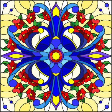 Vitray stil, çiçek süs eşyaları ve swirls ile kare ayna görüntüsü, sarı zemin üzerine kırmızı ve mor desen illüstrasyon