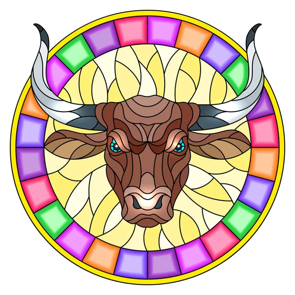 Ilustración en estilo vitral con cabeza de toro en marco redondo brillante sobre fondo blanco — Vector de stock