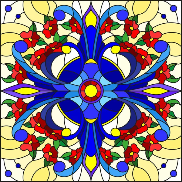Illustration im Glasmalereistil, quadratisches Spiegelbild mit floralen Ornamenten und Wirbeln, rote und lila Muster auf gelbem Hintergrund — Stockvektor