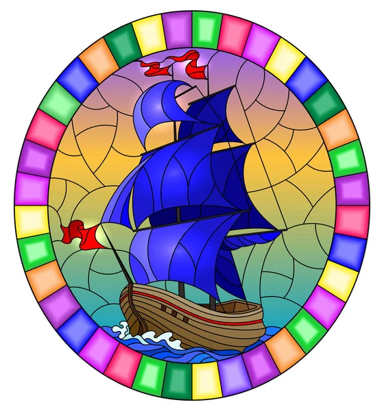 Ilustrace ve stylu barevného skla se starou lodí plachtící s modrými plachtami proti moři a obloze, oválný obraz v jasném rámu — Stockový vektor
