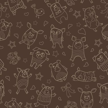 Komik karikatür domuzile Dikişsiz desen , kahverengi bir arka plan üzerinde bej anahat