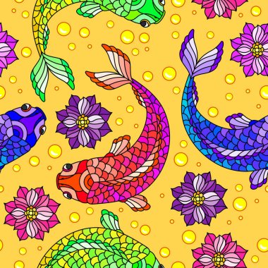 Turuncu arka planda renkli balık, Lotus çiçekleri ve kabarcıklar ile dikişsiz desen