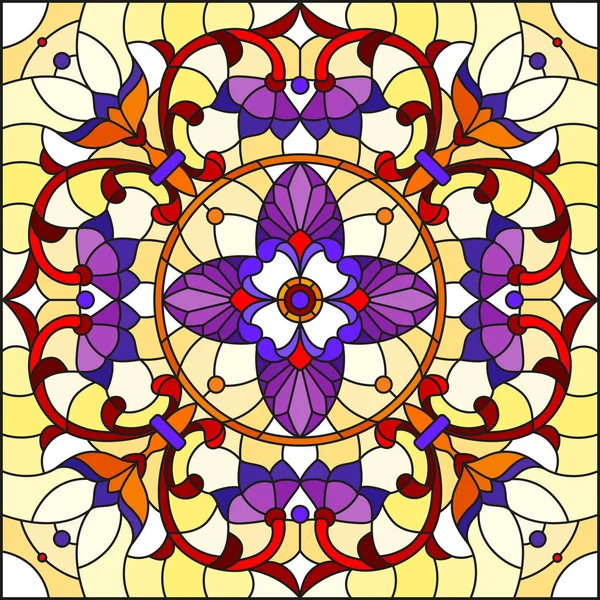 Illustration in stained glass style, square mirror image with floral ornaments and swirls,red and purple patterns on yellow background — Stock Vector