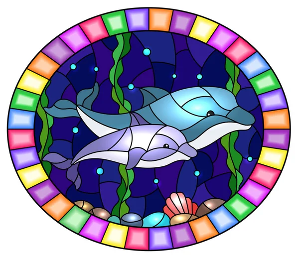 Illustration im Glasmalereistil mit einem Delfinpaar auf dem Hintergrund des Wassers und des Meeresbodens, ovales Bild in hellem Rahmen — Stockvektor