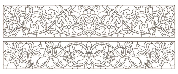 Série d'illustrations de contour de vitraux avec tourbillons abstraits et fleurs, orientation horizontale — Image vectorielle