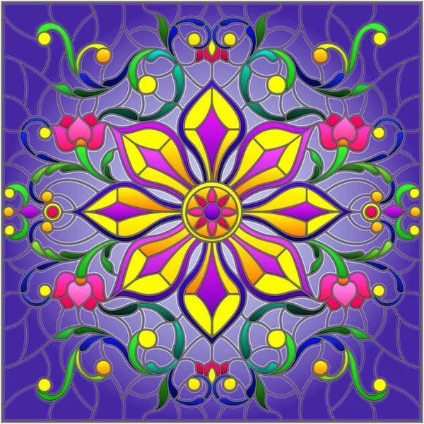 Glasmalerei mit abstrakten floralen Ornamenten, Blumen, Blättern und Locken auf blauem Hintergrund, quadratische Illustration — Stockvektor