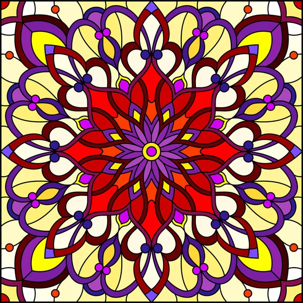 Illustration im Glasmalereistil, quadratisches Spiegelbild mit floralen Ornamenten und Wirbeln, rote und lila Muster auf gelbem Hintergrund — Stockvektor