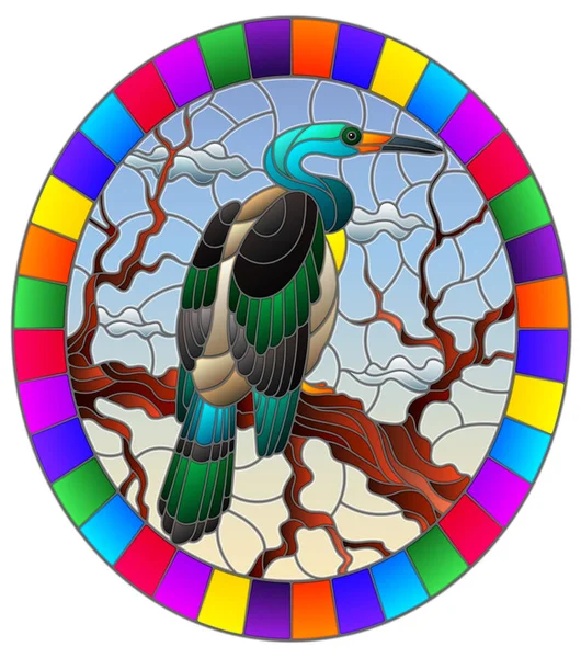 Ilustracja w stylu witrażu z ptakiem Heron siedzi na drzewie na tle bagien i nieba, owalny obraz w jasnej ramce — Wektor stockowy