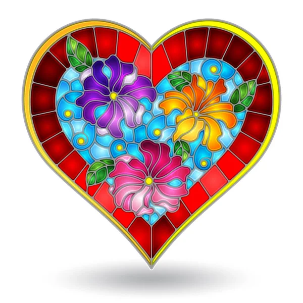 Illustration en verre teinté avec cœur abstrait, coeur lumineux avec des fleurs sur fond blanc — Image vectorielle