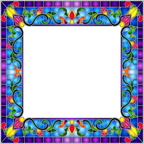 Illustration in stained glass style flower frame, bright flowers and  leaves in blue frame on a white background — Stock Vector