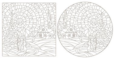 Kış manzaraları, beyaz arka plan üzerinde koyu konturlar ile vitray Pencereler kontur çizimleri bir dizi