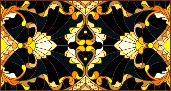 Illustration en vitrail avec ornement floral, imitation or sur fond sombre avec tourbillons et motifs floraux — Image vectorielle