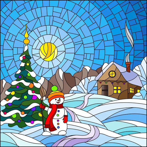 Ілюстрація у вітражному стилі з різдвяним пейзажем, сільським будинком, ялинкою та сніговиком на сніговому фоні та небом з сонцем — стоковий вектор