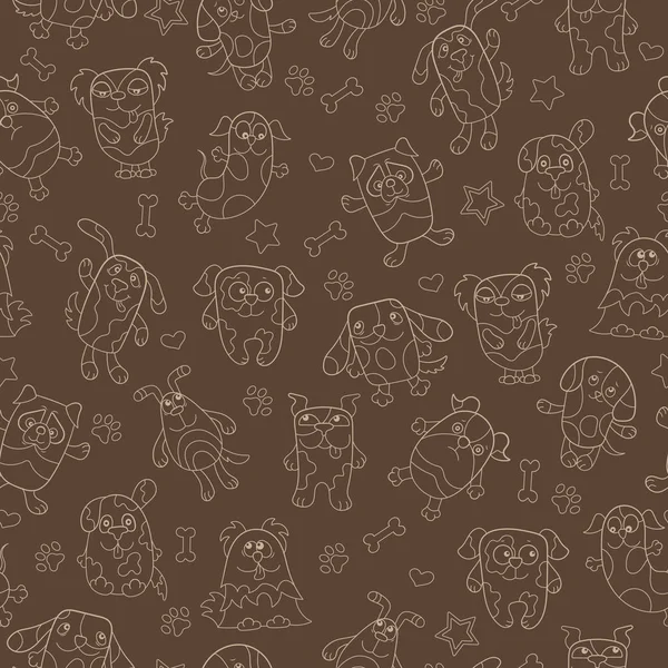Bezszwowy wzór z obrazkami konturowymi psy Cartoon, beżowy zarys na brązowym tle — Wektor stockowy