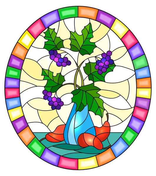 Ilustração em estilo de vidro manchado com ainda vida, Buquê de ramos de chokeberry preto em vaso de cerâmica azul e pêras em um fundo amarelo, imagem oval em quadro brilhante — Vetor de Stock