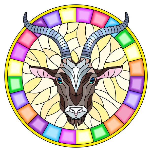 Illustration in stained glass style with goat head in round frame on white background — Stock Vector