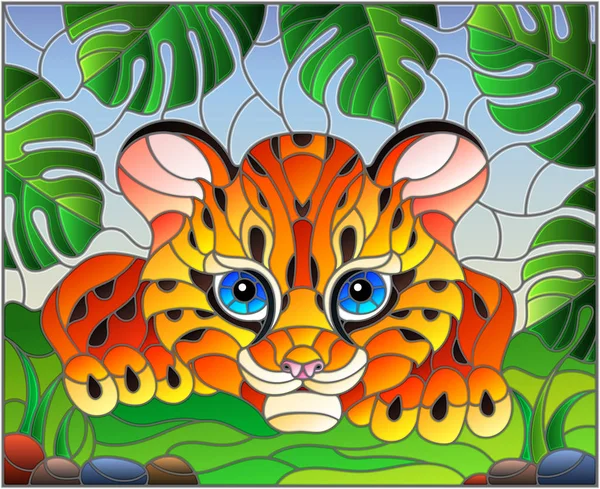 Illustration en vitrail avec bébé léopard sur la chasse, animal sur fond de feuilles tropicales — Image vectorielle