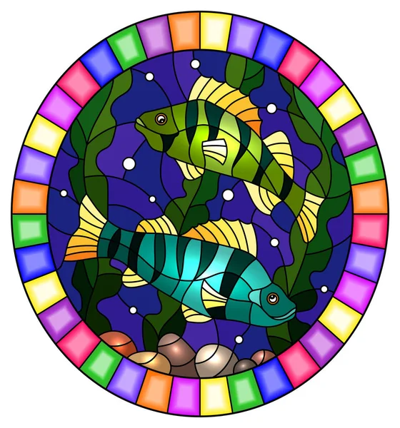 Иллюстрация в витражном стиле с парой рыбных окуней на фоне воды и водорослей, круглое изображение в яркой рамке — стоковый вектор