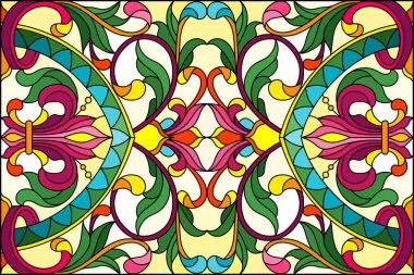 Soyut girdapları, çiçekleri ve yaprakları sarı arka planda, yatay yönelimli, boyalı cam tarzında resimleme