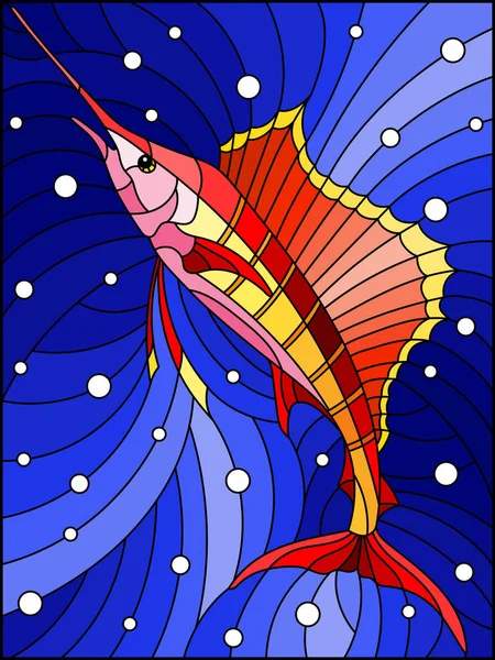 Illustration i stil med målat glas med en röd fisk segel på bakgrunden av vatten och luftbubblor — Stock vektor