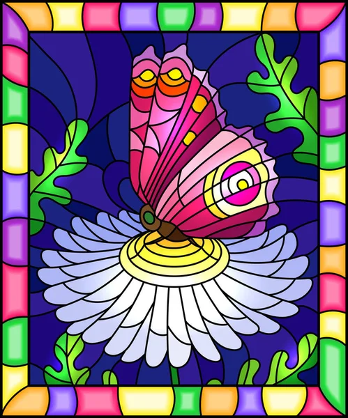 Illustration im Glasmalereistil mit einem leuchtend rosa Schmetterling auf einer weißen Blume, rechteckiges Bild in einem hellen Rahmen — Stockvektor