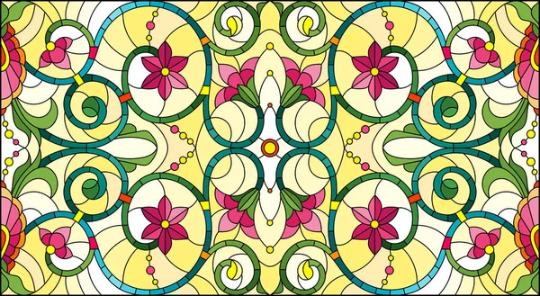 Illustration im Buntglasstil mit abstrakten Wirbeln, Blumen und Blättern auf gelbem Hintergrund, horizontale Ausrichtung — Stockvektor