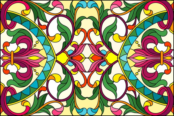 Ilustración en estilo vitral con remolinos abstractos, flores y hojas sobre fondo amarillo, orientación horizontal — Vector de stock