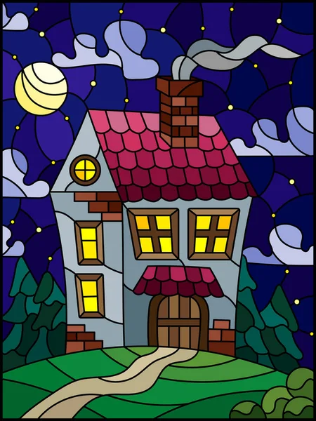 Ilustração em estilo vitral com uma casa solitária em um fundo de floresta verde, céu estrelado e lua — Vetor de Stock