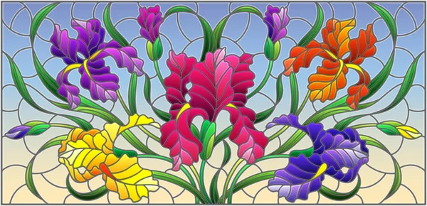 Illustratie in gebrandschilderd glas stijl met paarse boeket van irissen, bloemen, knoppen en bladeren op blauwe achtergrond — Stockvector