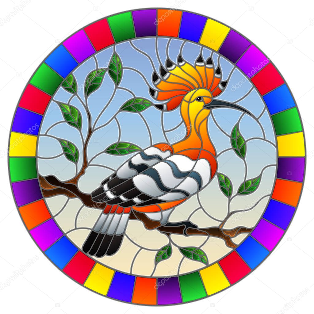 Illustration in stained glass style with hoopoe bird sitting on a tree branch against the sky, round image in bright frame 