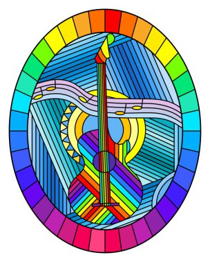 Müzik teması, soyut gitar ve mavi arka plan, parlak çerçeve oval görüntü üzerinde notlar vitray tarzı İllüstrasyon