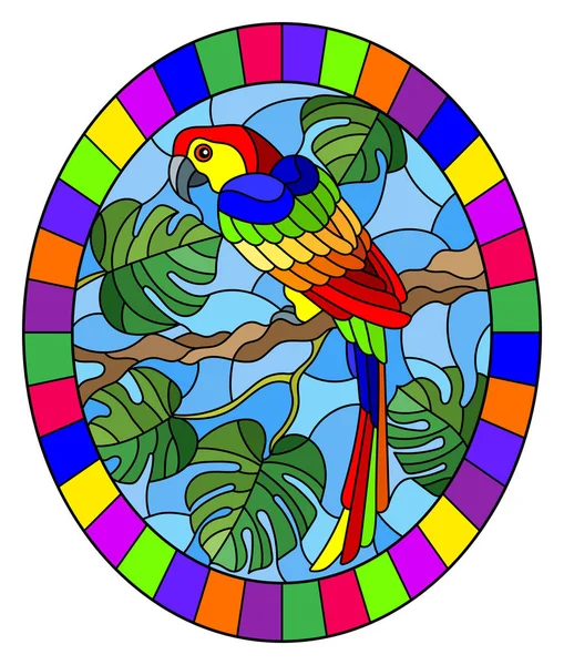 Иллюстрация в витражном стиле птичьего попугая на ветке тропического дерева против неба, овальное изображение в яркой рамке — стоковый вектор