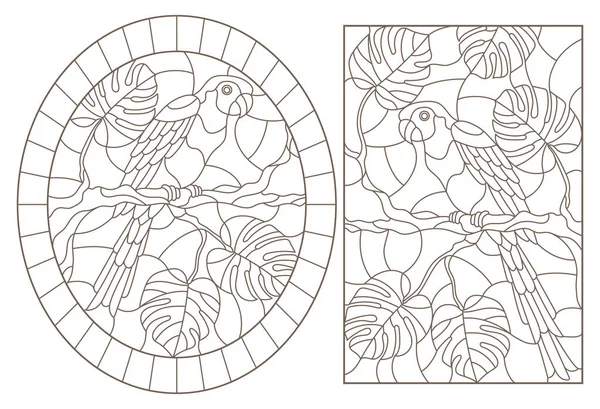 Set contour illustraties met vogels-papegaaien en bladeren van tropische planten, donkere contouren op witte achtergrond — Stockvector