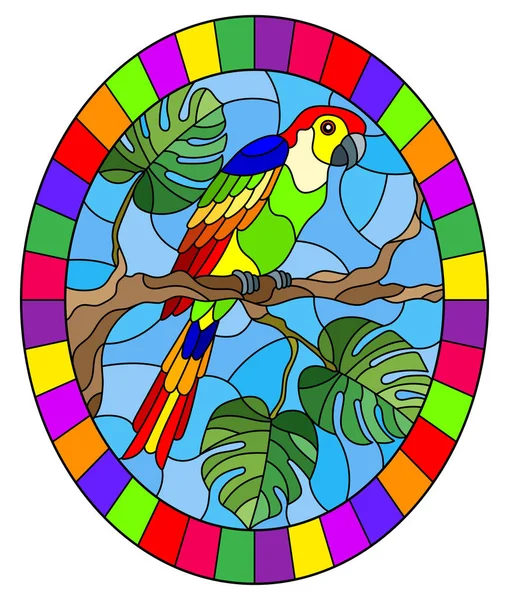 Εικονογράφηση σε βιτρό στυλ παπαγάλου στο κλαδί τροπικό δέντρο εναντίον του ουρανού, οβάλ εικόνα σε φωτεινό πλαίσιο — Διανυσματικό Αρχείο