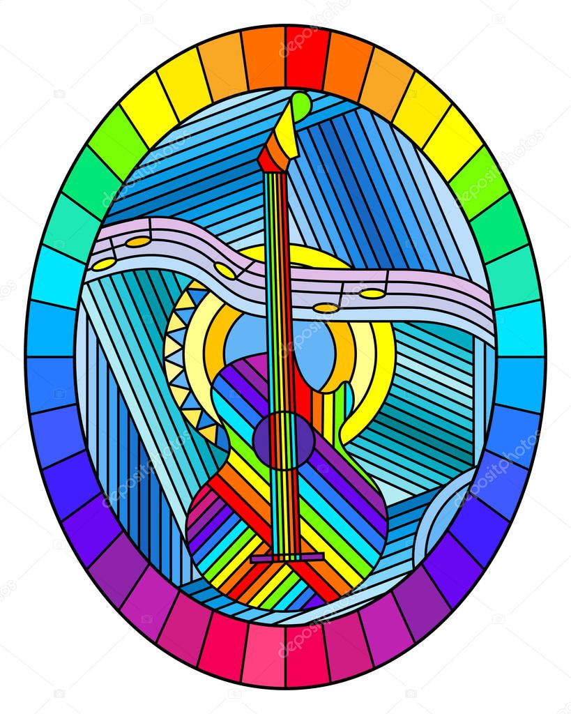 Illustration in stained glass style on the theme of music, abstract guitar and notes on a blue background, oval image in bright frame