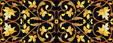 Çiçek süsleme stiliyle vitray, imitasyon altın swirls ve bitkisel motifler ile koyu arka plan üzerinde resimde