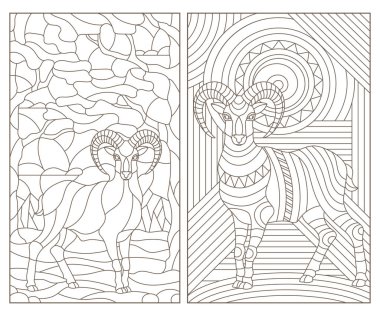 A set of contour illustrations of stained glass with abstract rams , dark outline on a white background clipart