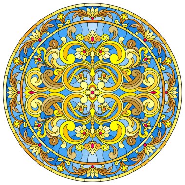 Vitray stil, ayna görüntüsü çiçek süs eşyaları ve swirls ile yuvarlak resimde