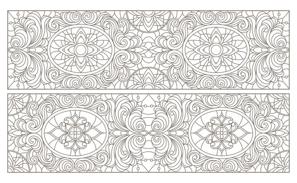 Série d'illustrations de contour de vitraux avec tourbillons abstraits et fleurs, orientation horizontale — Image vectorielle