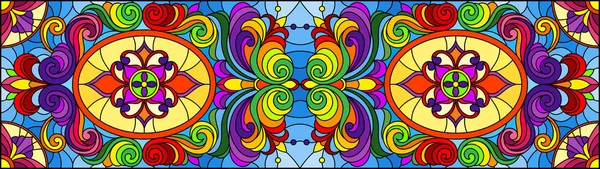 Ilustración en estilo vitral con remolinos abstractos, flores y hojas sobre fondo azul, orientación horizontal — Vector de stock