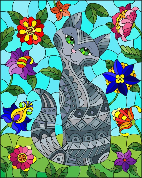 stock vector Illustration in stained glass style with a    cute grey cat on a background of meadows, bright flowers and sky