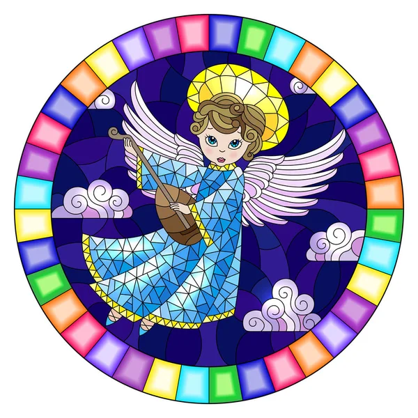 9224Illustration in stained glass style with cartoon angel in blue dress playing the lute against the cloudy night sky, round image in bright frame — стоковый вектор