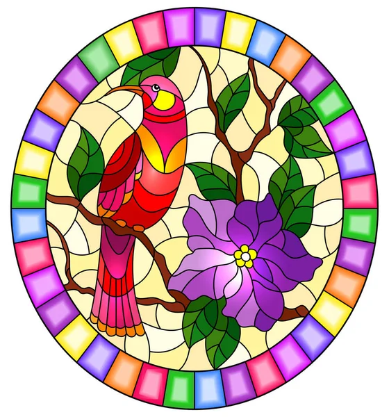 Illustration im Glasmalereistil mit abstraktem rosa Vogel, der auf einem Zweig einer blühenden Pflanze sitzt, auf gelbem Hintergrund, ovales Bild in hellem Rahmen — Stockvektor