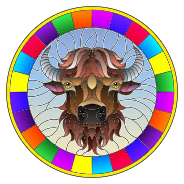 Ilustración en estilo vitral con cabeza de bisonte en marco redondo sobre fondo blanco — Vector de stock