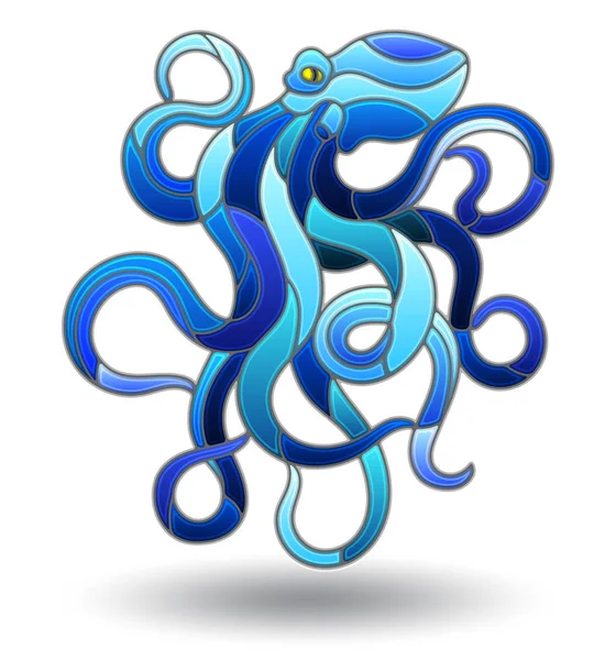 Иллюстрация в витражном стиле с голубым осьминогом, животное изолировано на белом фоне — стоковый вектор