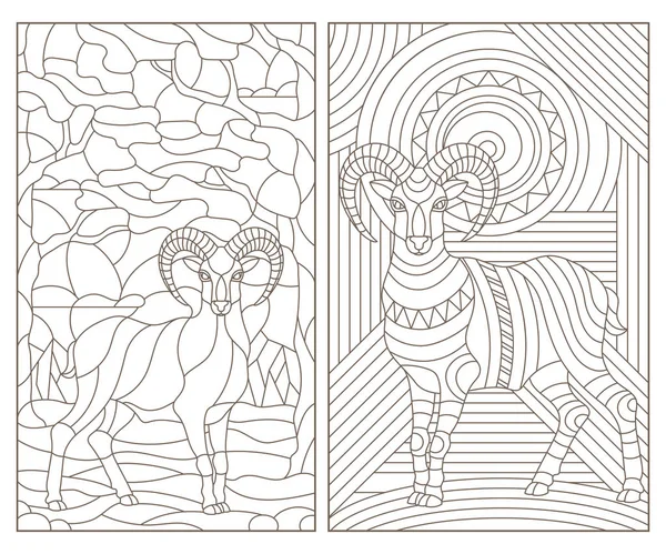Un set de ilustrații de contur de vitralii cu berbeci abstracți, contur întunecat pe un fundal alb — Vector de stoc