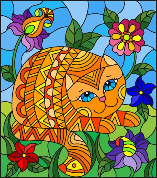 Illustration en style vitrail avec un chat rouge mignon sur fond de prairies, de fleurs vives et de ciel — Image vectorielle